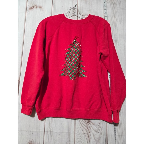 Ladies Large Vintage Christmas Tree Sweatshirt Holiday Green Red Crewneck - Picture 1 of 6